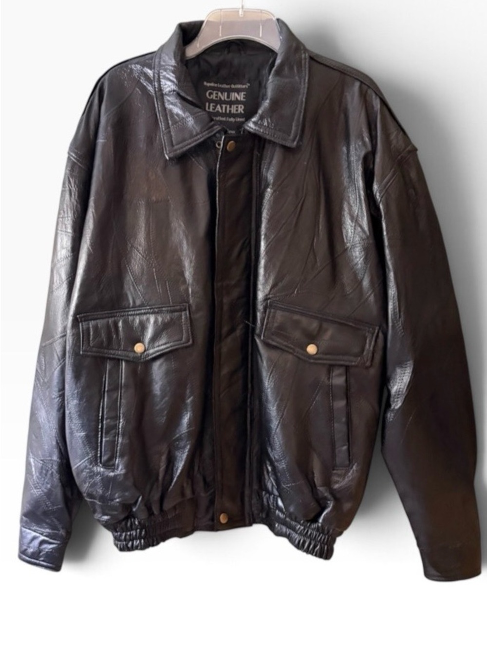 Vintage Napoline Leather Outfitters Men's Black Leather Bomber Jacket Patchwork